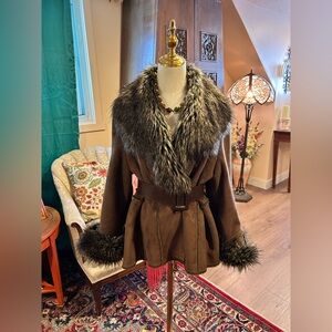 Utex Brown Teddy Jacket with Faux Fur Trim